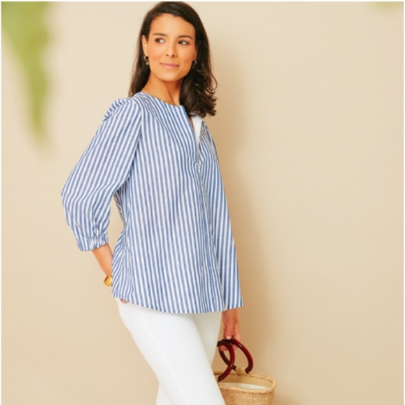 Pomander Place Tops - Pomander Place Blue White Striped 3/4 Puff Sleeve Zip Neck Top Small
